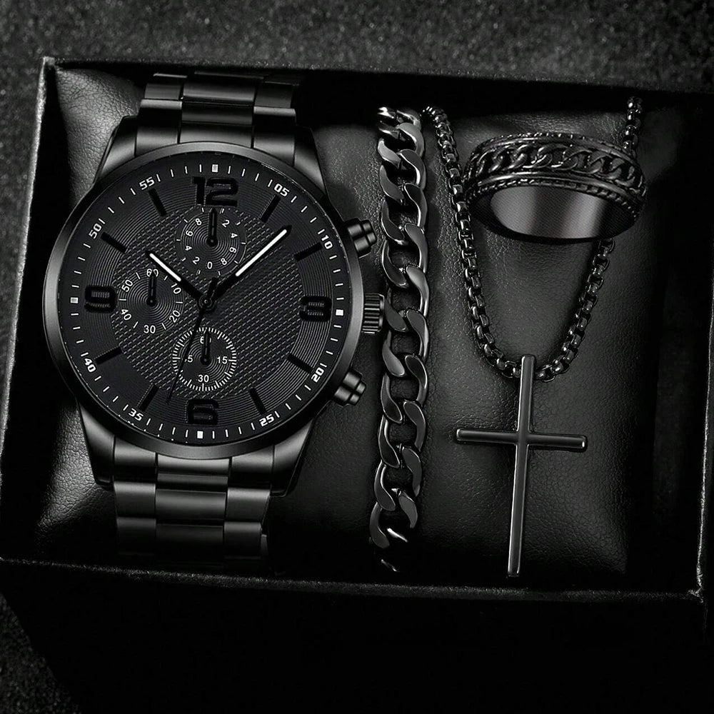 Men's 4-piece watch, bracelet, necklace, and ring