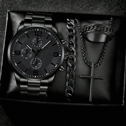 Men's 4-piece watch, bracelet, necklace, and ring