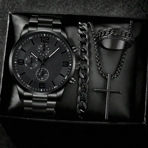 Men's 4-piece watch, bracelet, necklace, and ring