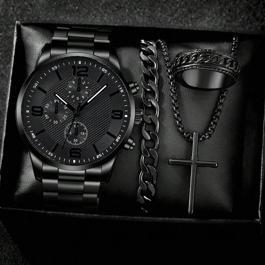 Men's 4-piece watch, bracelet, necklace, and ring